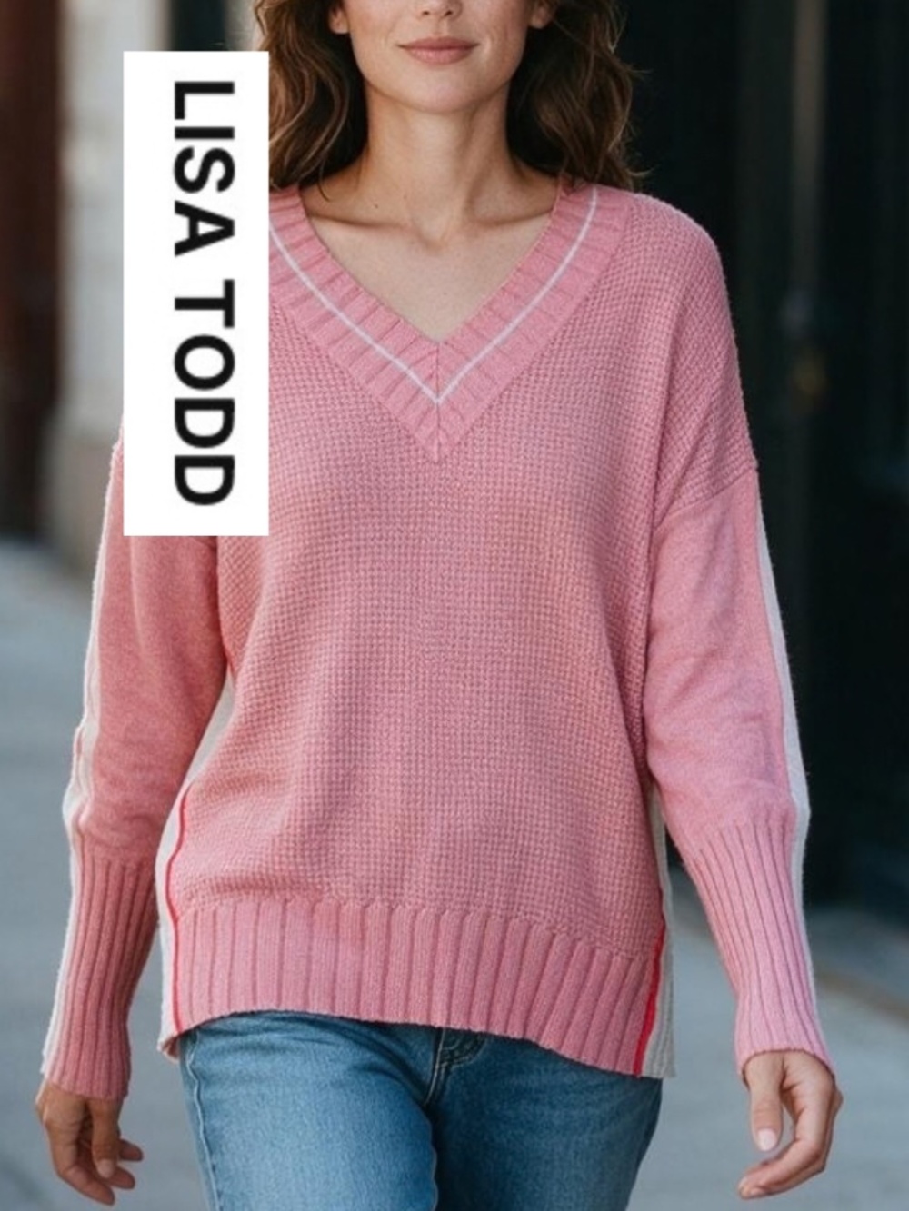 Lisa Todd pink/white /grey color block V neck sweater, M, CB2838
